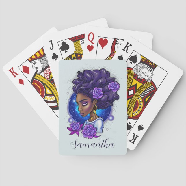 Elegante Lila Rose Afro Woman Spielkarten (Rückseite)