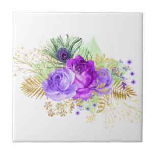 Elegante Lila Rose Blume Gold Blätter Blumen Fliese
