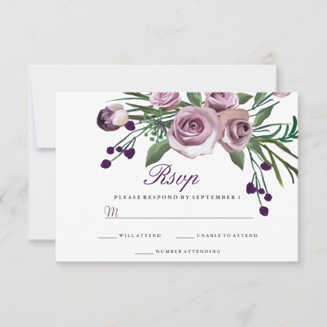 Elegante Lila Rose Blumenhochzeit RSVP (Vorderseite)