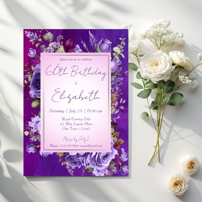 Elegante lila Rose Geburtstagsparty Einladung (Elegant purple lilac roses adults birthday party invitation cards template floral party invitations)