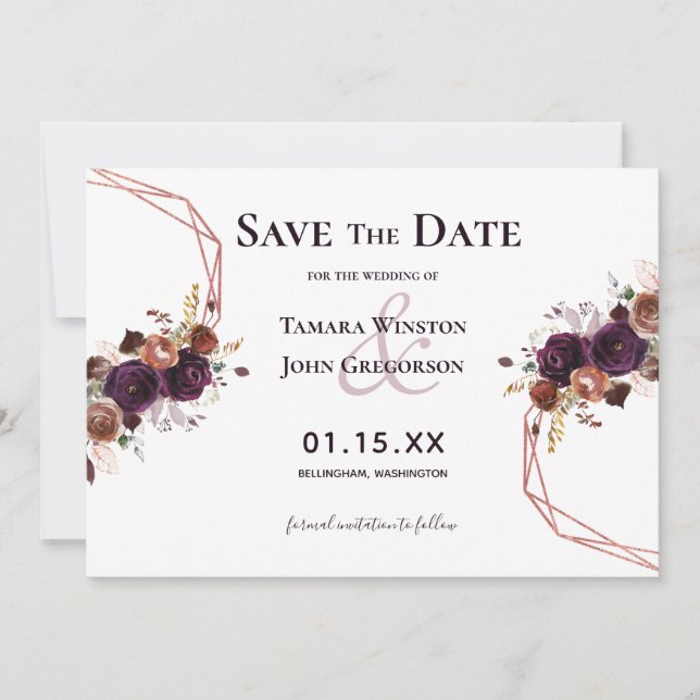 Elegante Lila Rose Gold Floral Geometric Wedding Save The Date (Vorderseite)