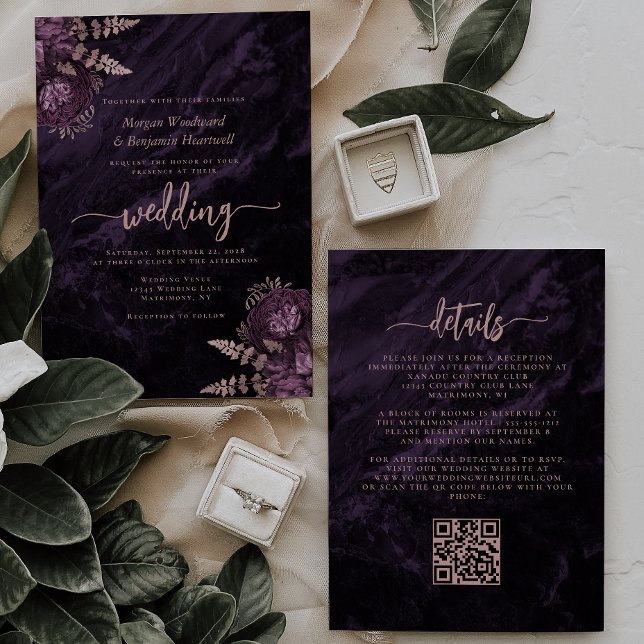 Elegante Lila Rose Gold Floral QR Code Hochzeit Einladung (Von Creator hochgeladen)