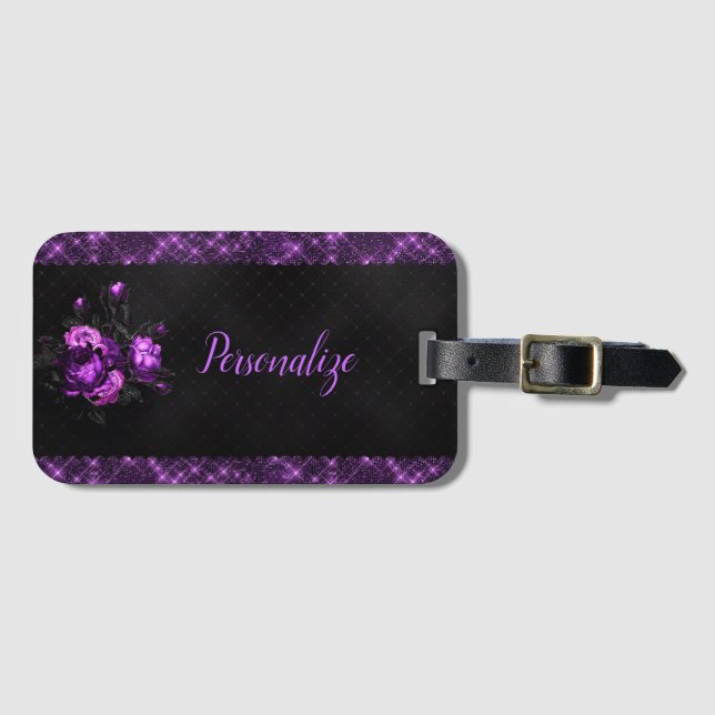 Elegante Lila Rose & Grenzen auf Black Personalize Gepäckanhänger (Vorderseite (Horizontal))