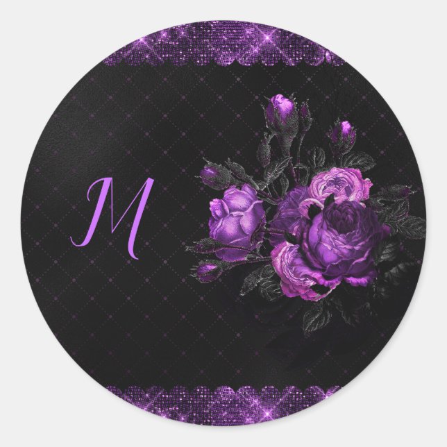 Elegante Lila Rose & Grenzen auf Black Personalize Runder Aufkleber (Vorderseite)