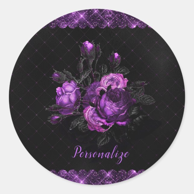 Elegante Lila Rose & Grenzen auf Black Personalize Runder Aufkleber (Vorderseite)