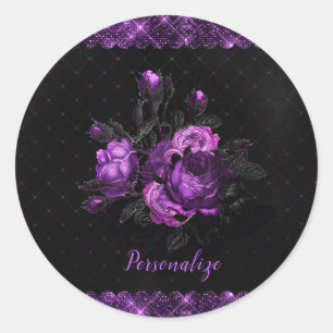 Elegante Lila Rose & Grenzen auf Black Personalize Runder Aufkleber