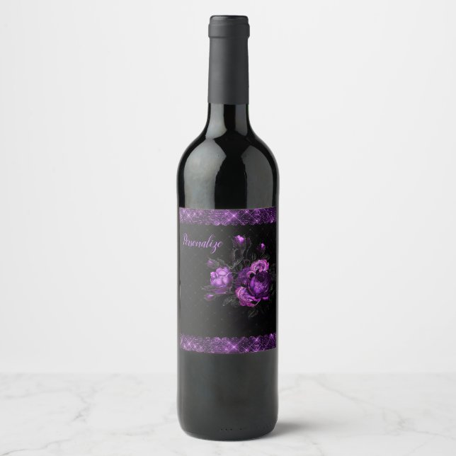 Elegante Lila Rose & Grenzen auf Black Personalize Weinetikett (Vorderseite)