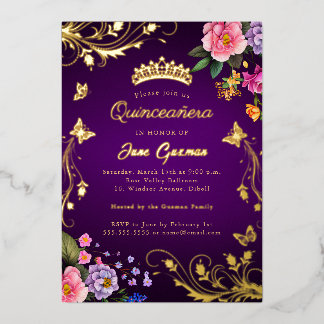 Elegante Lila Rose Swirl Gold Quinceñera Folieneinladung