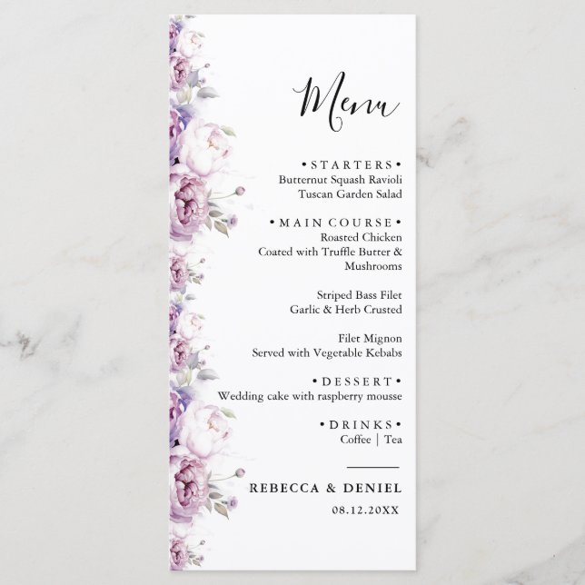 Elegante Lila Rose Wasserfarben Hochzeit der Blume Menükarte (Vorderseite)
