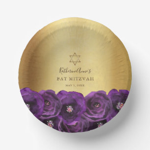 Elegante lila Rosen-Blumen- Gold Bat Mizwa Pappteller