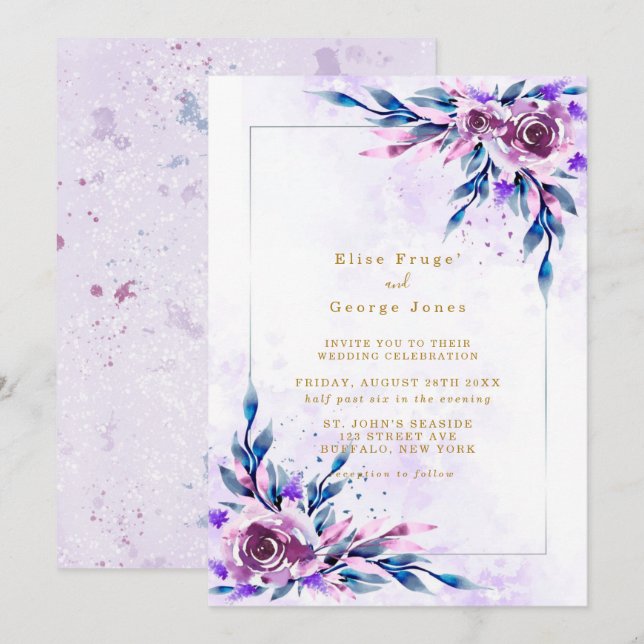 Elegante Lila Rustikale Peony Gold Geometric Weddi Einladung (Vorne/Hinten)