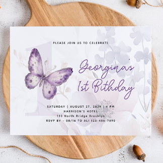Elegante lila Schmetterling Blumen zum ersten Gebu Einladung