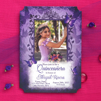 Elegante Lila Schmetterlinge Quinceanera Prinzessi Einladung