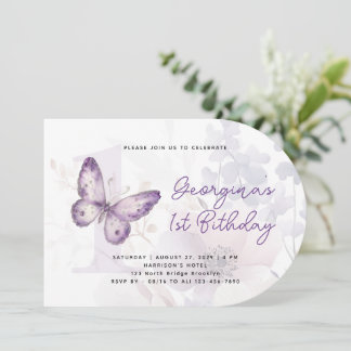 Elegante lila Schmetterlings-Blumen-Erstgeburtstag Einladung
