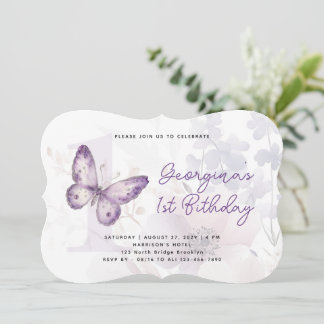 Elegante lila Schmetterlings-Blumen-Erstgeburtstag Einladung