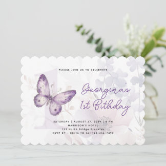 Elegante lila Schmetterlings-Blumen-Erstgeburtstag Einladung