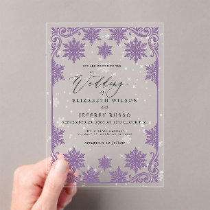Elegante lila Schneeflocken Winterhochzeit Acryleinladungen