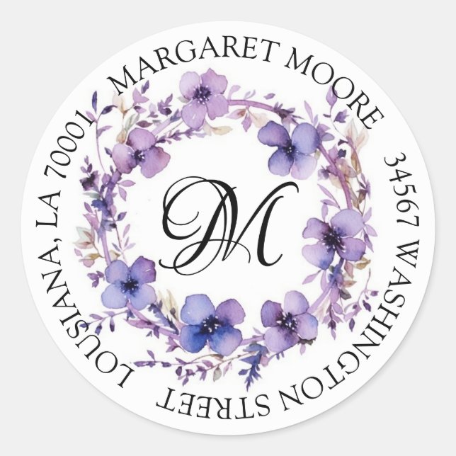 Elegante Lila Schriftschrift Monogram-Adresse Runder Aufkleber (Vorderseite)