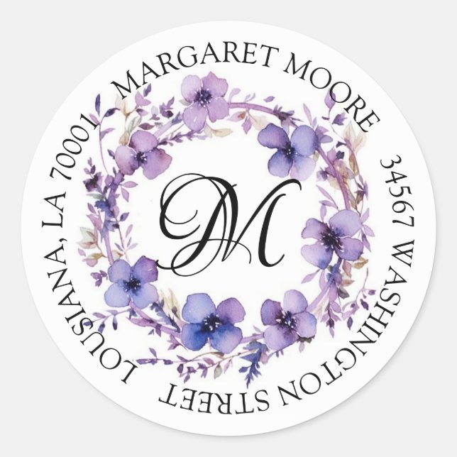 Elegante Lila Schriftschrift Monogram-Adresse Runder Aufkleber (Vorderseite)