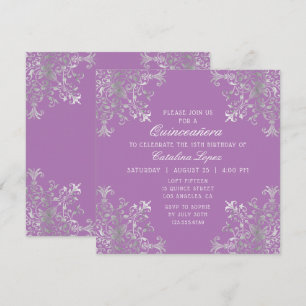 Elegante Lila Silber Verzierte Flora Quinceñera Einladung
