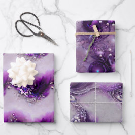 Elegante Lila Silver Feather Weihnachten beattet Geschenkpapier Set