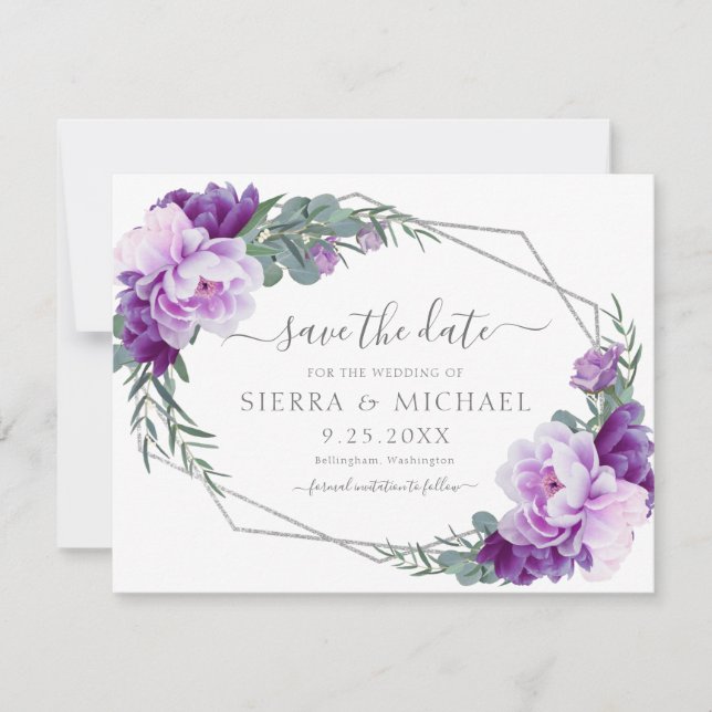 Elegante Lila Silver Floral Save the Date Hochzeit (Vorderseite)