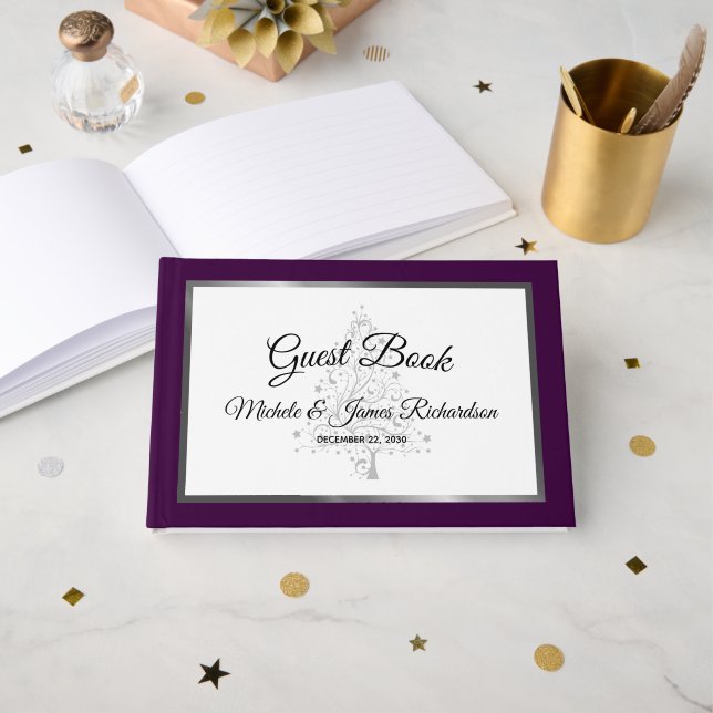 Elegante Lila Silver Winter Holiday Wedding Gästebuch (Vorderseite Offen)