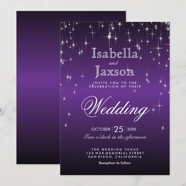 Elegante Lila Star Lights Hochzeit Einladung (Vorne/Hinten)