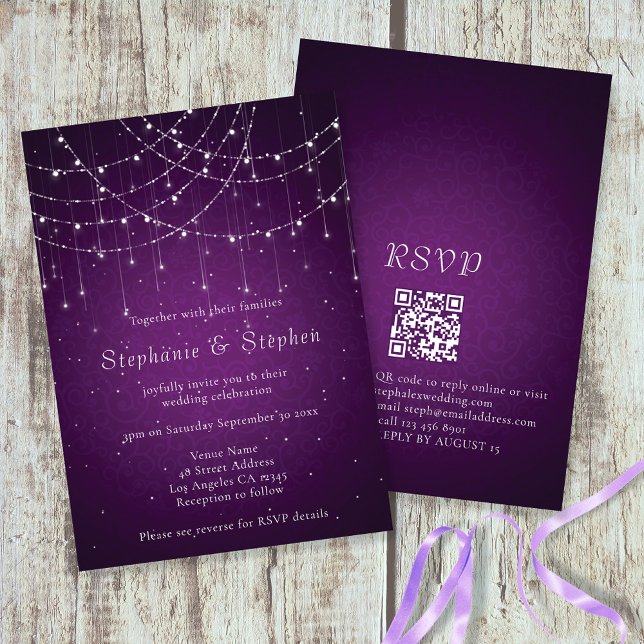 Elegante Lila String Lights QR Code Hochzeit Einladung (Von Creator hochgeladen)