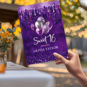 Elegante lila Tropfen Glitzer Ballons süß 16 Einladung