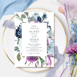 Elegante Lila und blaue Botanische Hochzeit Einladung