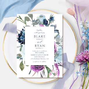Elegante Lila und blaue Botanische Hochzeit Einladung