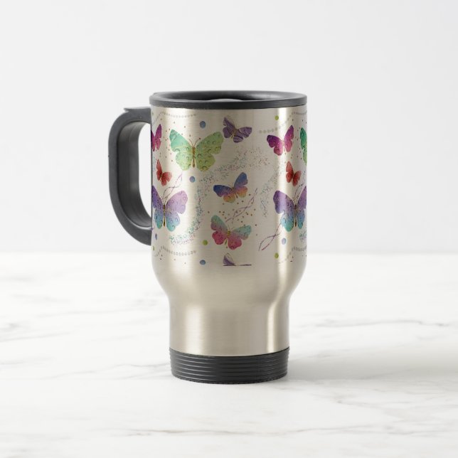 Elegante Lila und blaue Schmetterlinge Reisebecher (Vorderseite Links)