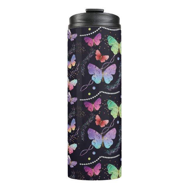 Elegante Lila und blaue Schmetterlinge Thermosbecher (Vorderseite)
