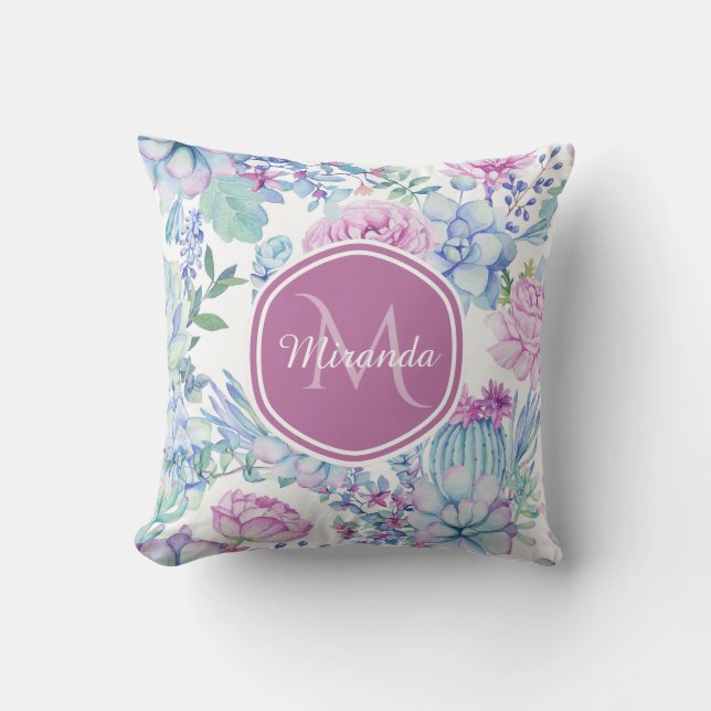 Elegante Lila und blaue, sukkulente Blüte mit Name Kissen (Vorderseite)