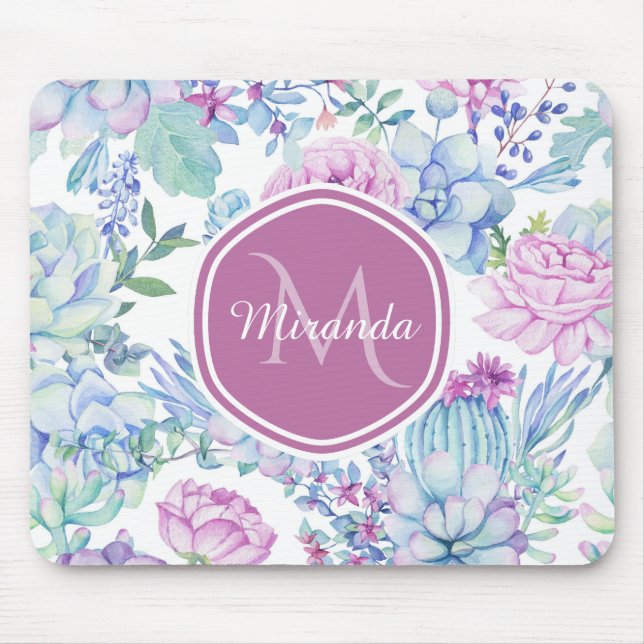 Elegante Lila und blaue, sukkulente Blüte mit Name Mousepad (Vorne)