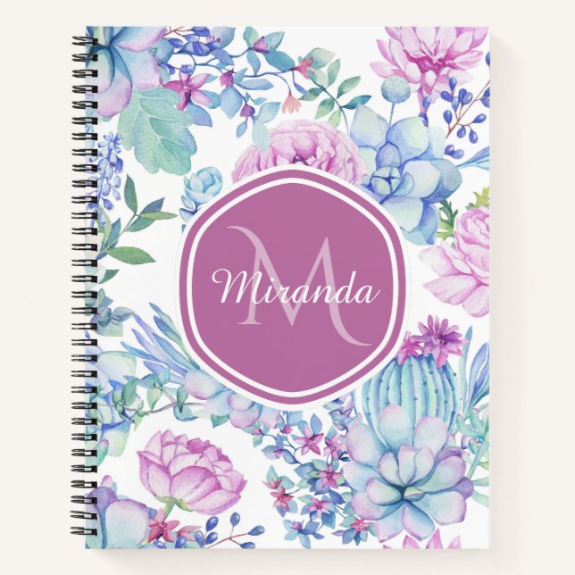 Elegante Lila und blaue, sukkulente Blüte mit Name Notizbuch (Vorderseite)