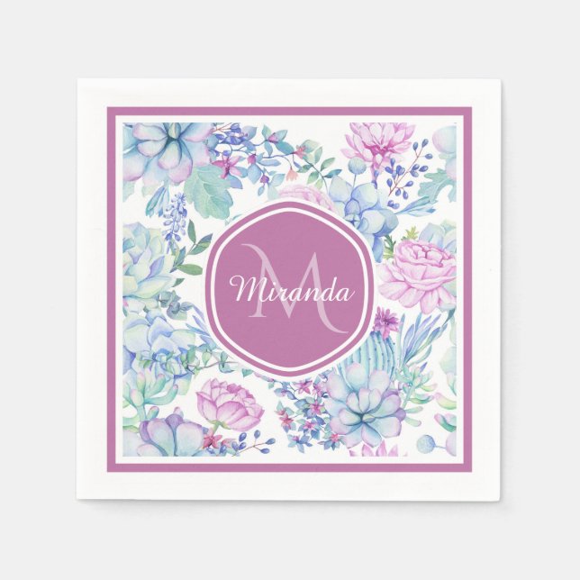Elegante Lila und blaue, sukkulente Blüte mit Name Serviette (Vorderseite)