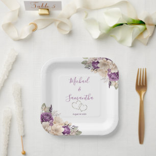 Elegante lila und elfenbeinfarbene Rosenhochzeit Pappteller