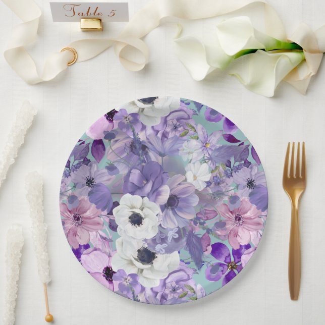 Elegante Lila und gewalttätige Wildblumen und Himm Pappteller (Hochzeit)