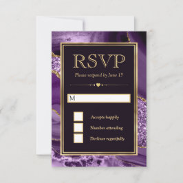 Elegante Lila und Gold Glitzer Agate Wedding RSVP Karte