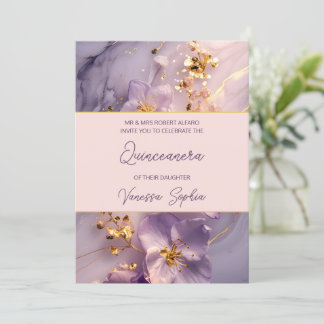 Elegante Lila und Gold Quinceñera Einladung