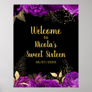 Elegante lila und goldene Blumen Sweet Sixteen Poster