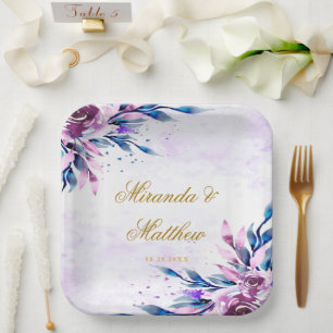 Elegante Lila und goldene Botanische Hochzeiten Pappteller