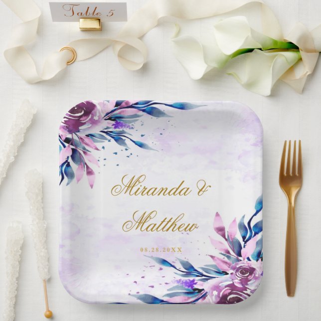 Elegante Lila und goldene Botanische Hochzeiten Pappteller (Hochzeit)