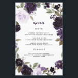 Elegante Lila und goldene Green Wedding Menu Cards<br><div class="desc">Das Design besticht durch helle und dunkle lila Farbtöne der Aquarellfarben-Rose und die Blume der Pionierarbeit über den botanischen Eukalyptus und andere elegante Grünelemente, die einen Kranz bilden. Das Design besticht durch Vintage Blattelemente, die dem Gesamtdesign noch mehr Eleganz verleihen. Die Rückseite ist Set in einem dunklen, lila Schatten. Sie...</div>