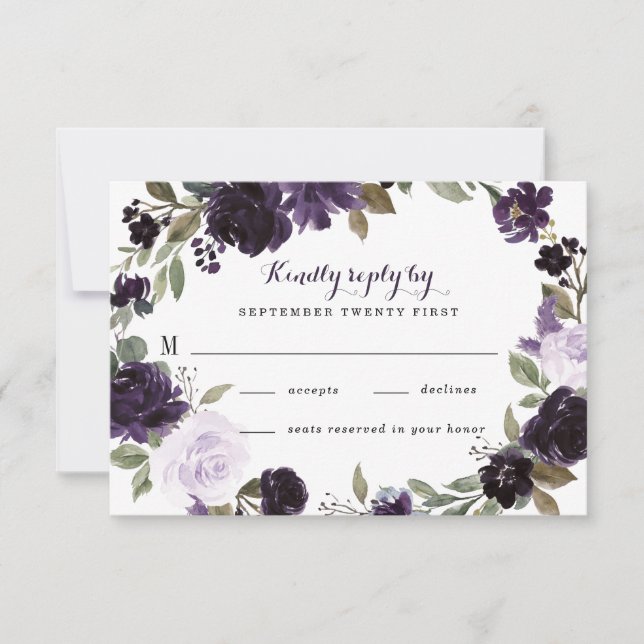 Elegante Lila und goldgrüne Blütenhochzeit RSVP Karte (Vorderseite)