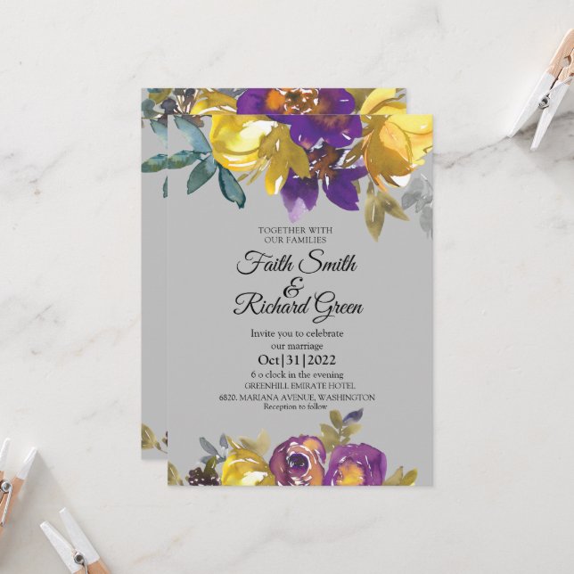 Elegante Lila und graue Hochzeit im Herbst Einladu Einladung (Vorderseite/Rückseite Beispiel)