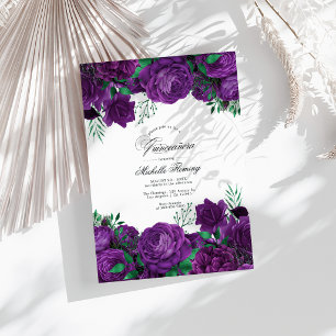 Elegante lila und grüne florale Quinceañera-Foto Einladung
