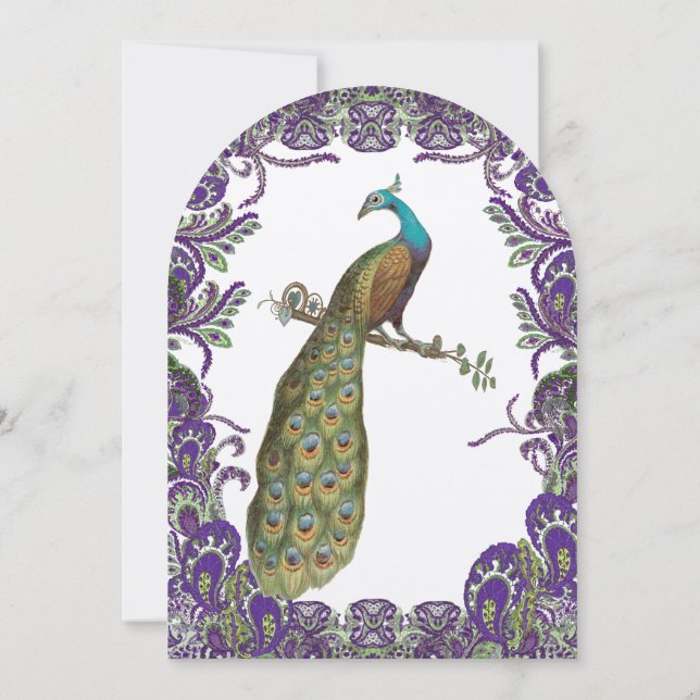 Elegante Lila und grüne Pfauenhochzeiten Einladung (Rückseite)